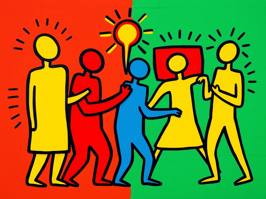Abstrakte Bildtafel im Keith-Haring-Stil zur Anomalie-Hypothese: Mark-to-Model-Biomarker — die Krebs-Mikrobiom-Signatur als modell-koproduzierte Größe.