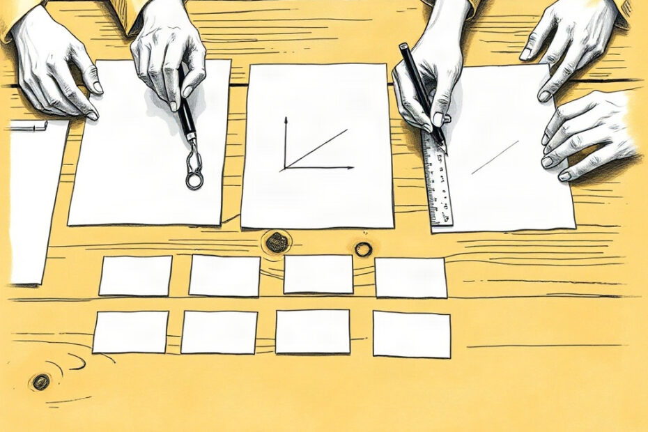 Bleistiftskizze auf ockerfarbenem Grund: Mehrere Hände prüfen geometrische Zeichnungen; unbeschriftete Namenskarten liegen davor.